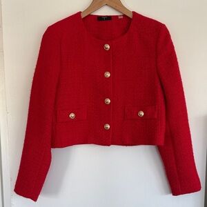 T Tahari Red Cropped Bouclé Blazer with Gold-Tone Buttons